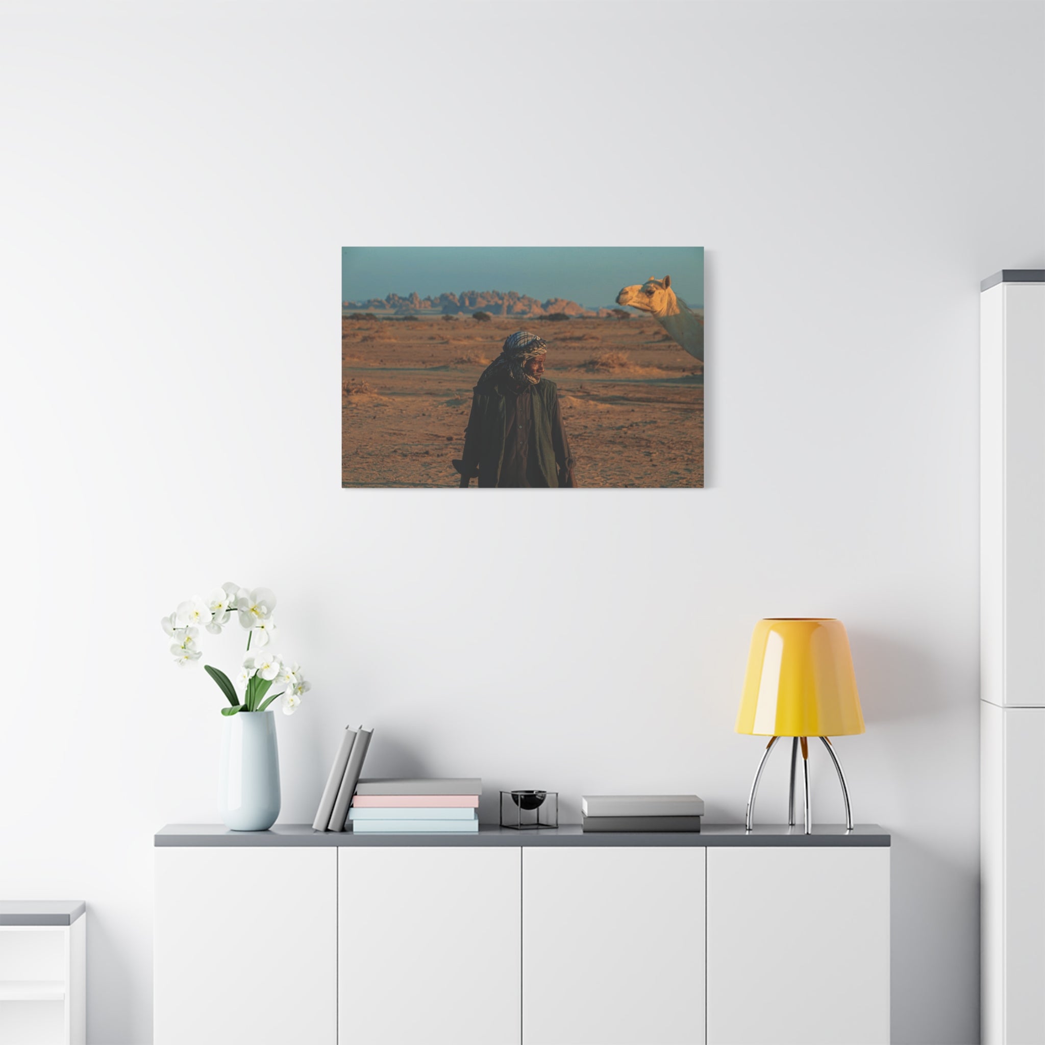 Desert Wanderer Canvas Print — Camel & Bedouin Matte Stretched Wall Art